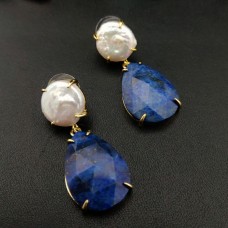 Lapis lazuli and Pearl gold plated handmade earrings